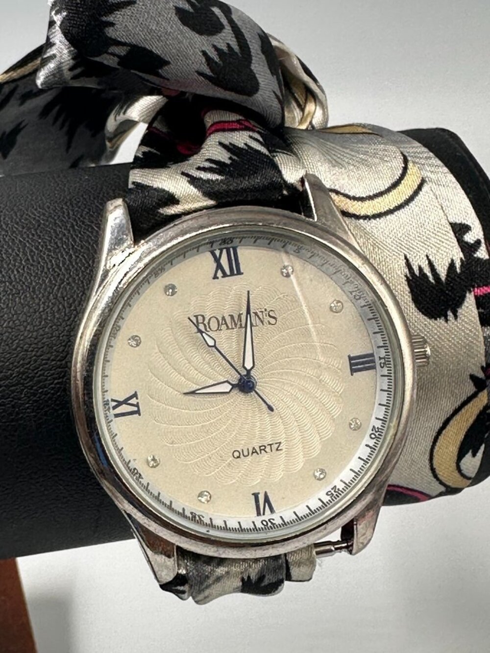 Roaman's Watch Silver Tone Cream Dial Scarf Band 38MM Dial New Battery